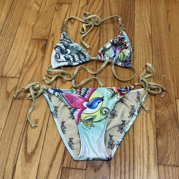 Christian Audigier Other - Christian Audigier Y2K Rhinestone Bird Print String Triangle Bikini Size Small